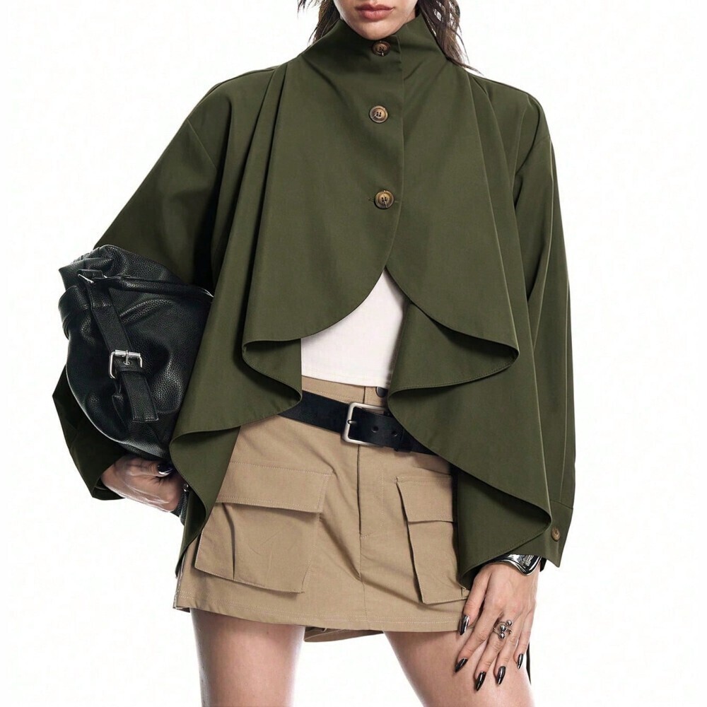 Olive Green Draped Waterfall Cape-Effect Collar Oversized Trench Jacket - Picture 2 of 8
